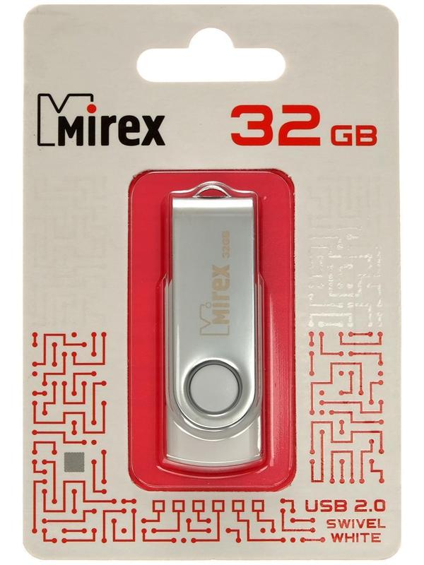 Флешка Mirex SWIVEL WHITE, 32 Гб, USB2.0, чт до 25 Мб/с, зап до 15 Мб/с, белая