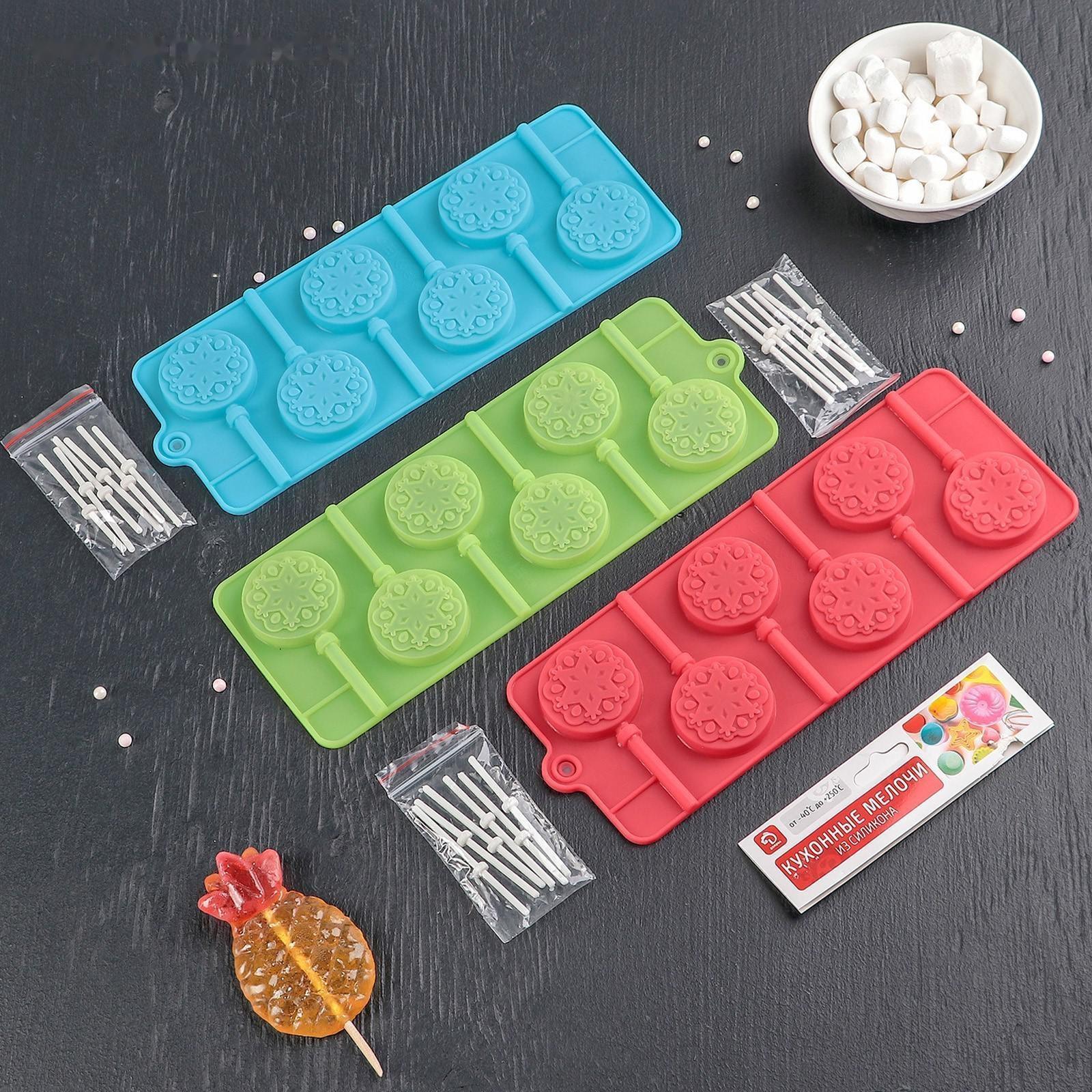 Форма для леденцов Доляна «Узор», 24×9,4×1,5 см, 6 ячеек (4×4 см), с палочками, цвет МИКС