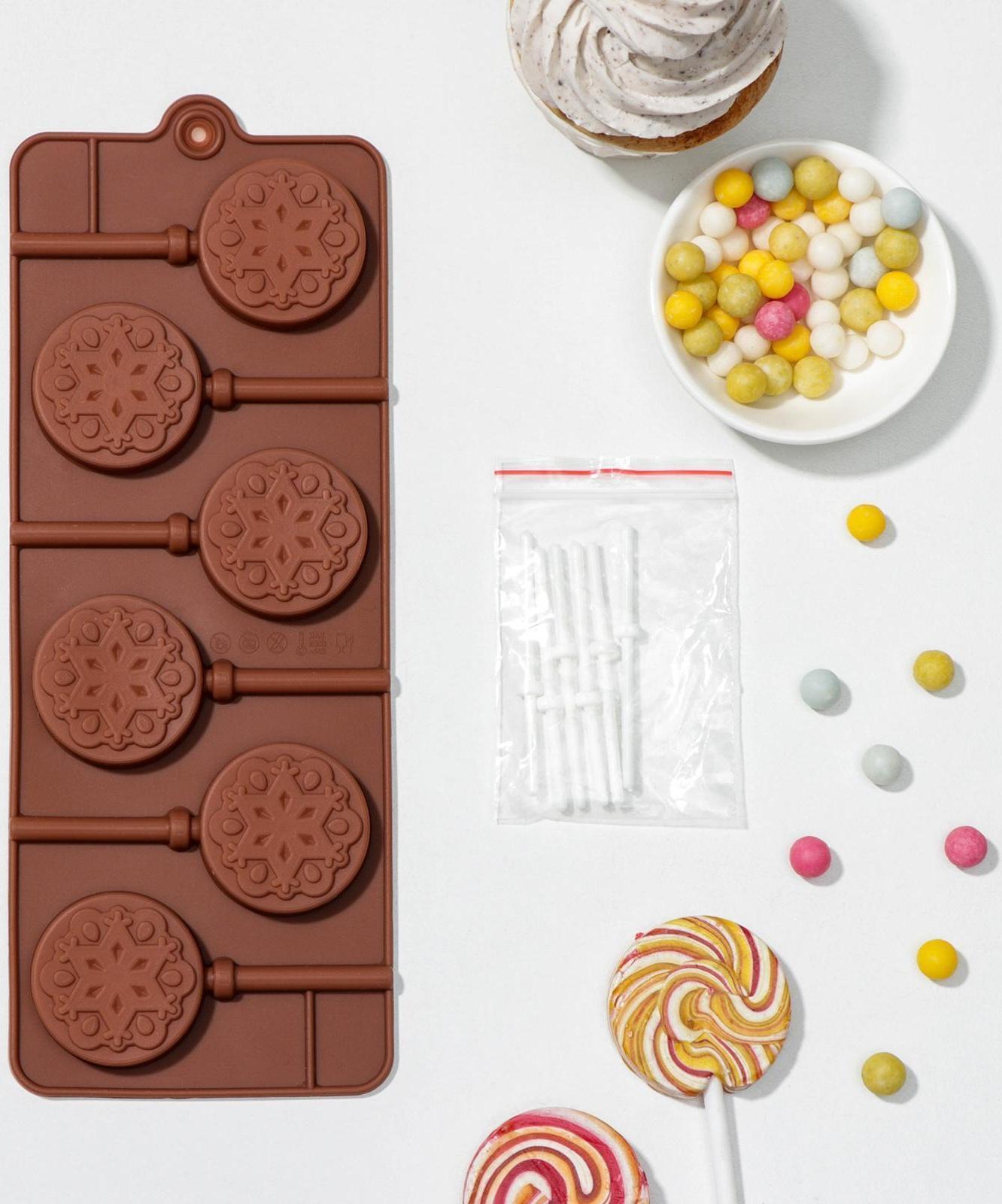 Форма для леденцов Доляна «Узор», 24×9,4×1,5 см, 6 ячеек (4×4 см), с палочками, цвет МИКС