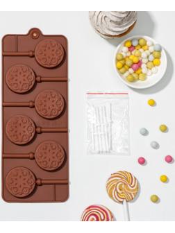 Форма для леденцов Доляна «Узор», 24×9,4×1,5 см, 6 ячеек (4×4 см), с палочками, цвет МИКС