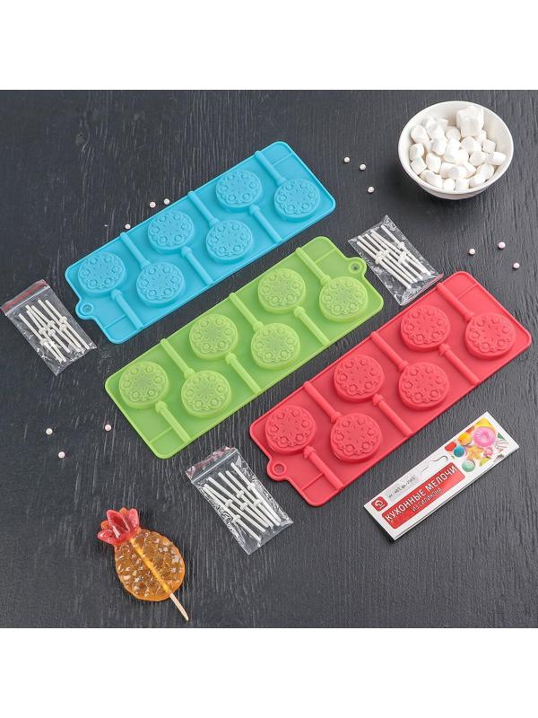 Форма для леденцов Доляна «Узор», 24×9,4×1,5 см, 6 ячеек (4×4 см), с палочками, цвет МИКС