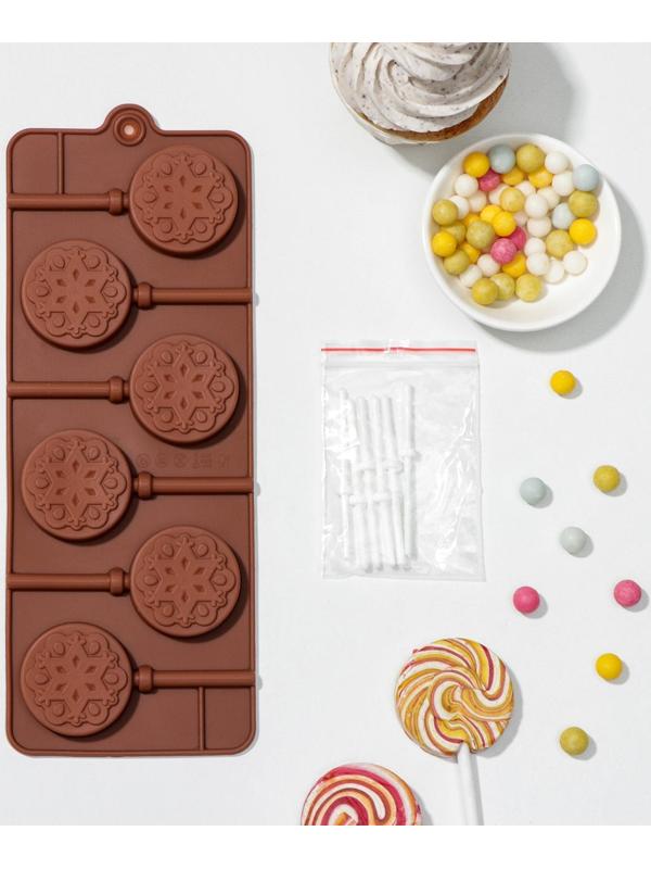 Форма для леденцов Доляна «Узор», 24×9,4×1,5 см, 6 ячеек (4×4 см), с палочками, цвет МИКС