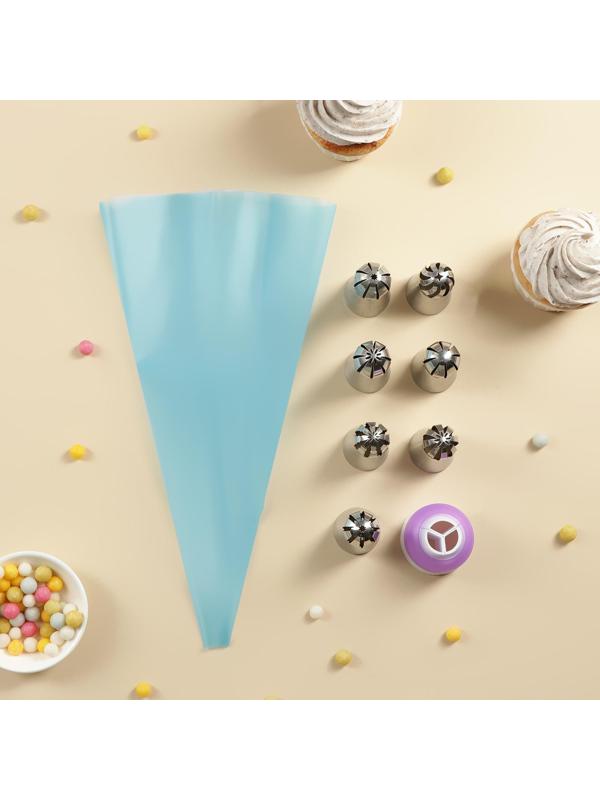 Набор кондитерский Доляна, 9 предметов: мешок, 7 насадок (диаметр основания 3 см), адаптер, насадки МИКС