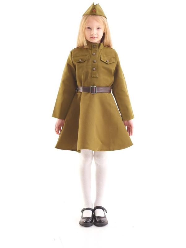 Карнавальный костюм для девочки, военное платье, пилотка, ремень, 3-5 лет, рост 104-116 см