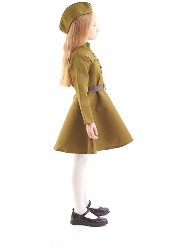 Карнавальный костюм для девочки, военное платье, пилотка, ремень, 3-5 лет, рост 104-116 см