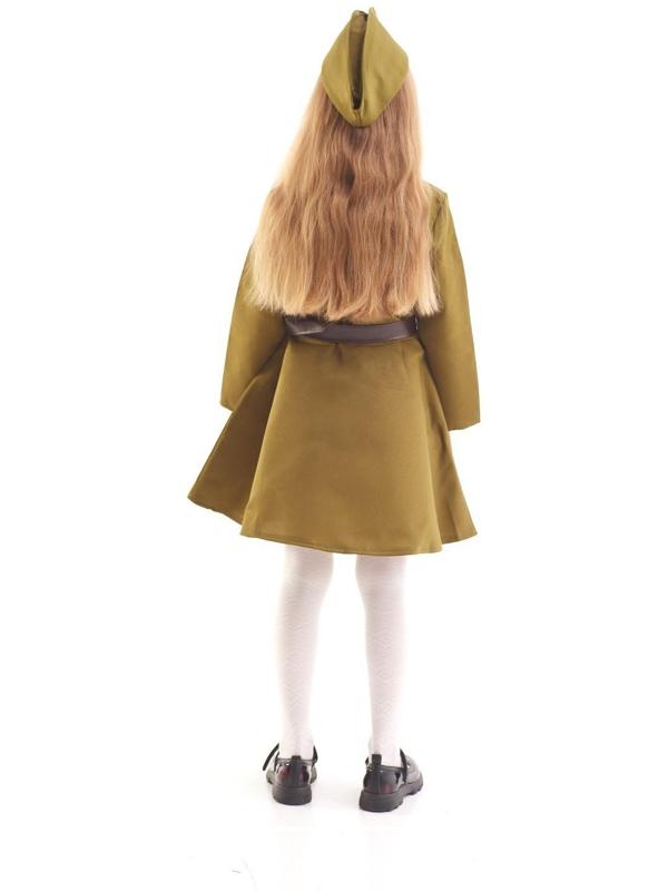 Карнавальный костюм для девочки, военное платье, пилотка, ремень, 5-7 лет, рост 122-134 см