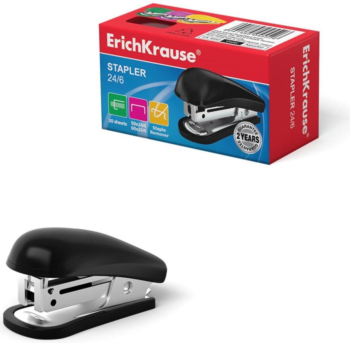 Степлер ErichKrause mini № 24/6, до 20 листов, вмещает до 50 скоб, глубина закладки бумаги до 25 мм, микс