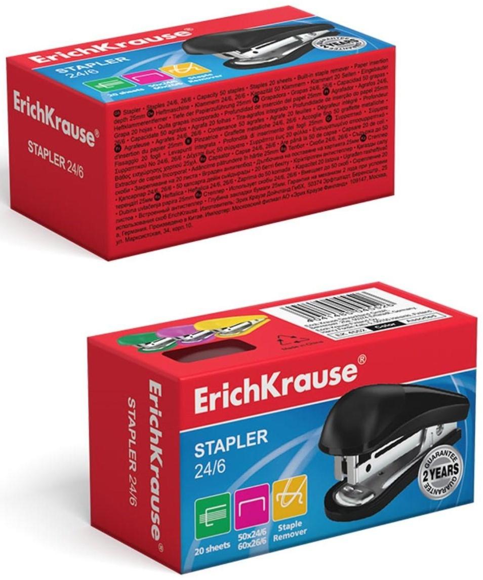 Степлер ErichKrause mini № 24/6, до 20 листов, вмещает до 50 скоб, глубина закладки бумаги до 25 мм, микс