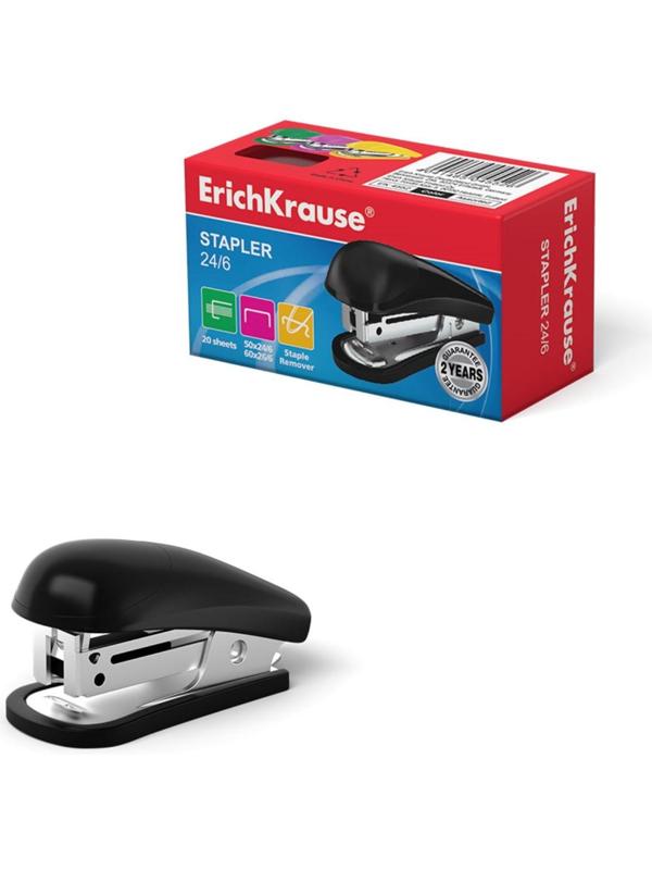 Степлер ErichKrause mini № 24/6, до 20 листов, вмещает до 50 скоб, глубина закладки бумаги до 25 мм, микс