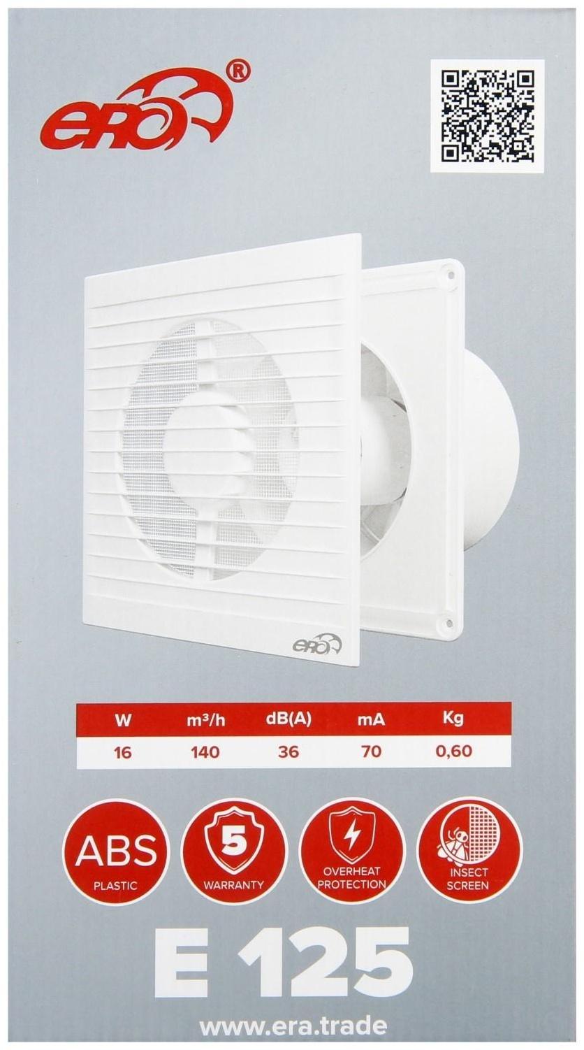 Вентилятор вытяжной ERA E 125 S, 180x180 мм, d=125 мм, 220‒240 В