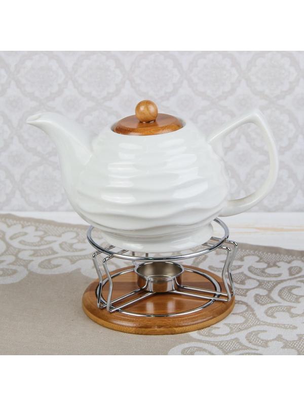 Чайник керамический заварочный «Эстет», 900 мл, с подогревом, на деревянной подставке