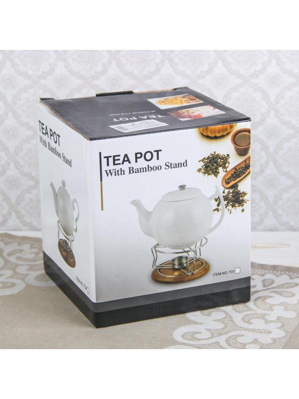 Чайник керамический заварочный «Эстет», 900 мл, с подогревом, на деревянной подставке