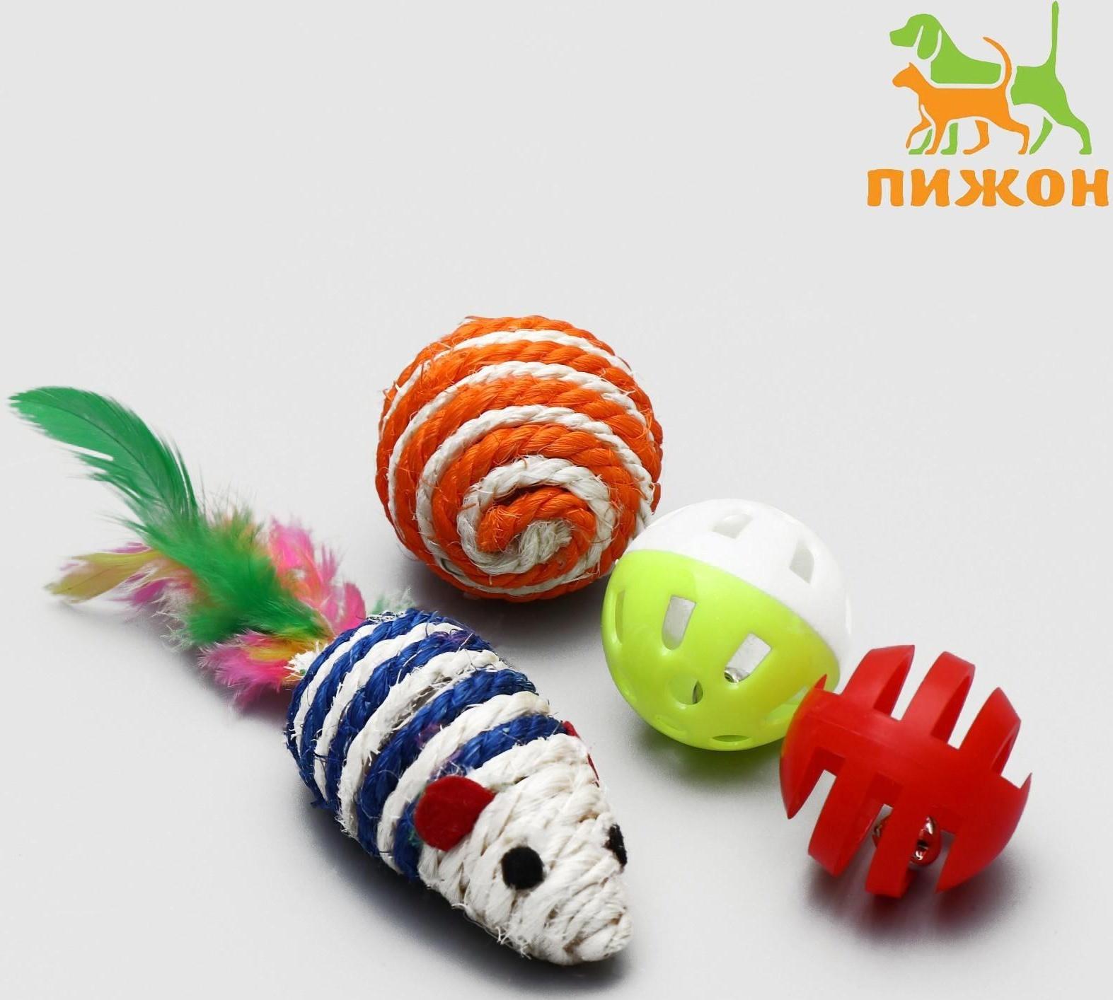 Набор игрушек для кошек: мышь и шарики из сизаля и пластика, микс цветов