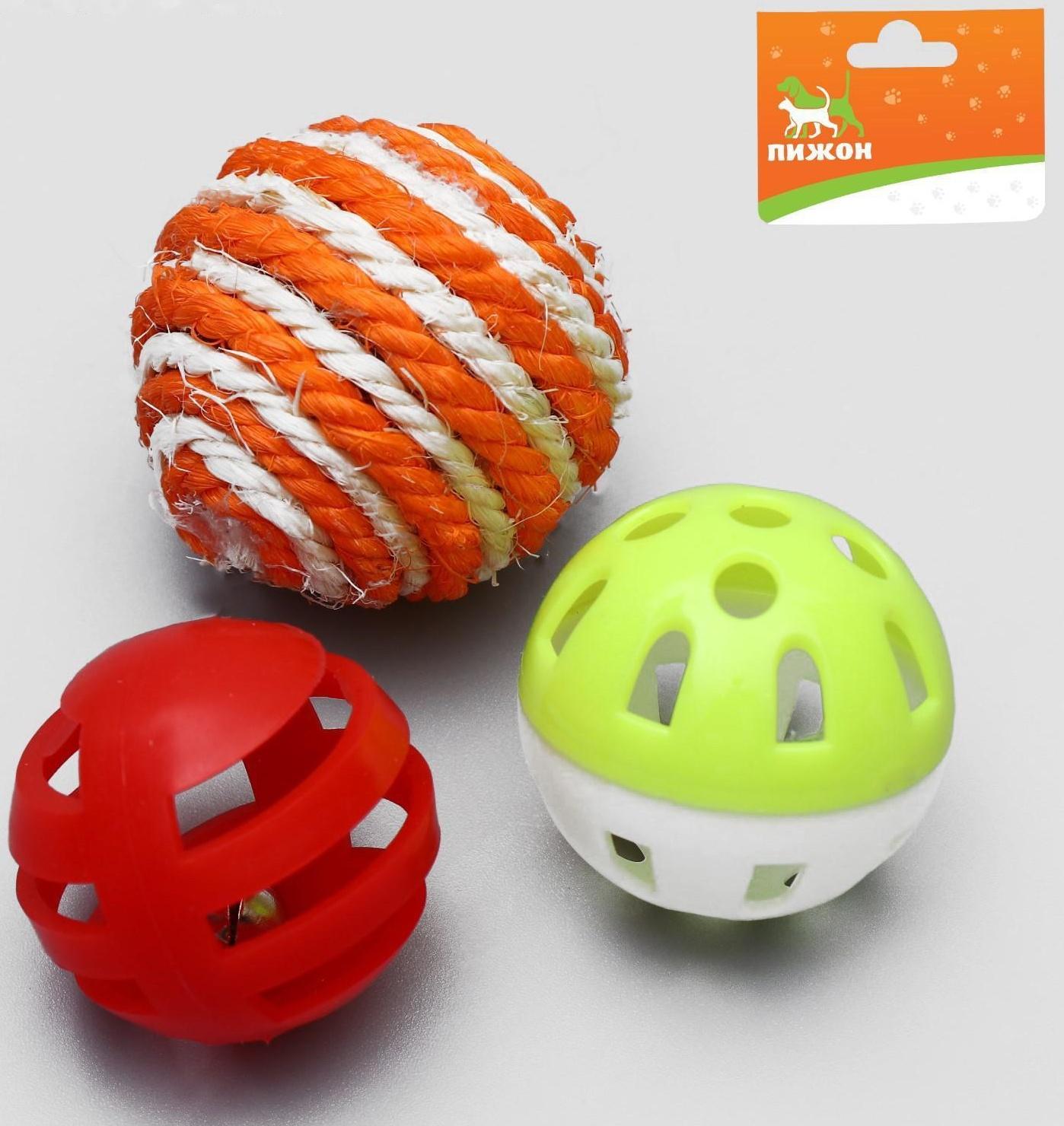 Набор игрушек для кошек: мышь и шарики из сизаля и пластика, микс цветов