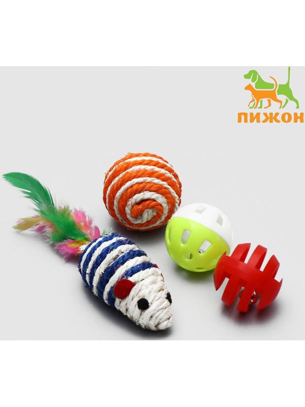 Набор игрушек для кошек: мышь и шарики из сизаля и пластика, микс цветов