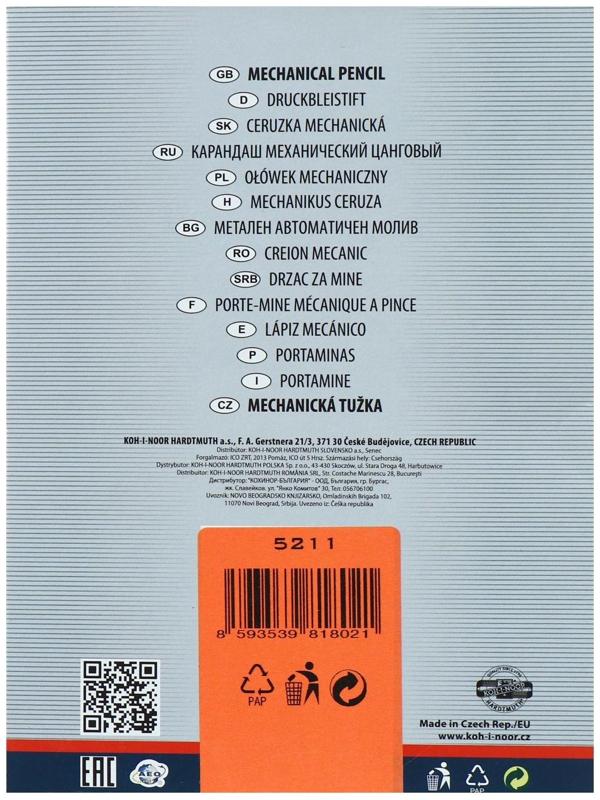 Карандаш цанговый 2.0 мм Koh-I-Noor 5211CN Versatil, металл/пластик, с клипом