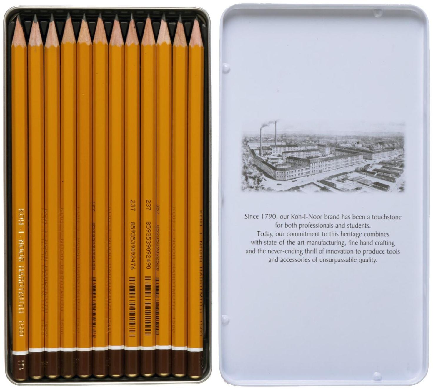 Набор карандашей чернографитных разной твердости 12 штук Koh-I-Noor 1500, HB-10H, в металлическом пенале