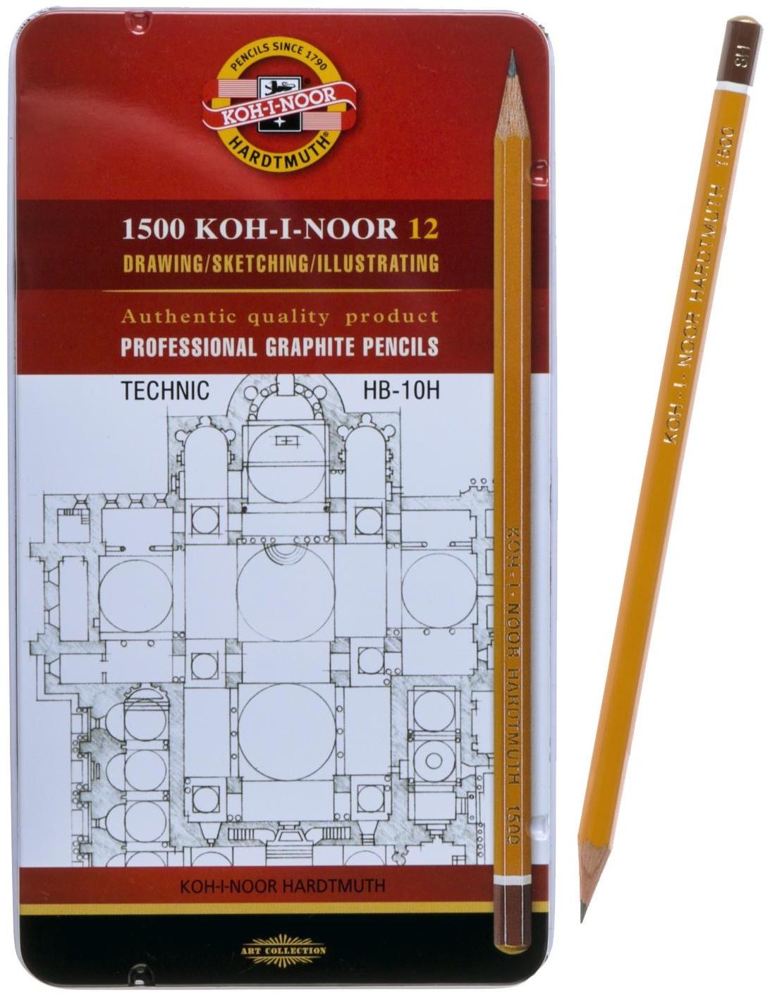Набор карандашей чернографитных разной твердости 12 штук Koh-I-Noor 1500, HB-10H, в металлическом пенале