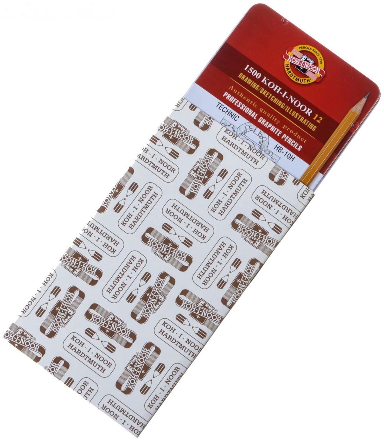 Набор карандашей чернографитных разной твердости 12 штук Koh-I-Noor 1500, HB-10H, в металлическом пенале