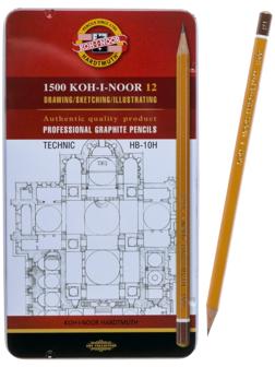 Набор карандашей чернографитных разной твердости 12 штук Koh-I-Noor 1500, HB-10H, в металлическом пенале