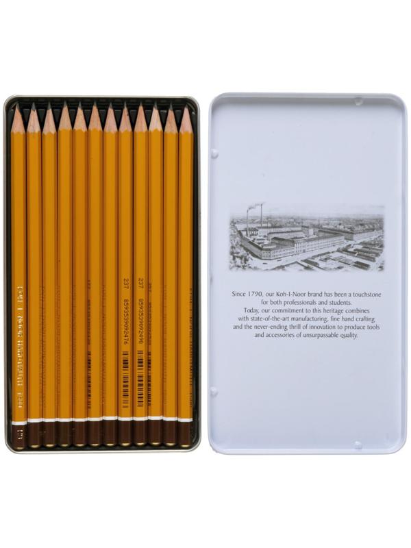Набор карандашей чернографитных разной твердости 12 штук Koh-I-Noor 1500, HB-10H, в металлическом пенале