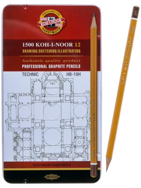 Набор карандашей чернографитных разной твердости 12 штук Koh-I-Noor 1500, HB-10H, в металлическом пенале