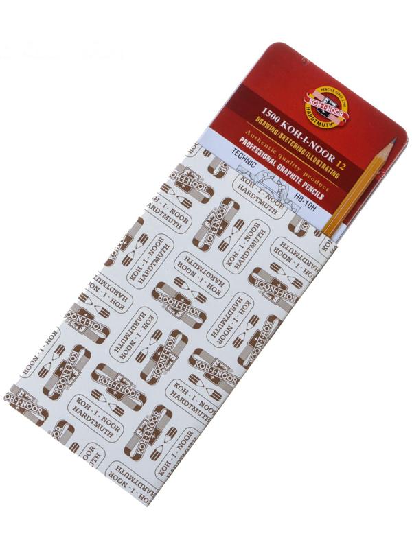 Набор карандашей чернографитных разной твердости 12 штук Koh-I-Noor 1500, HB-10H, в металлическом пенале