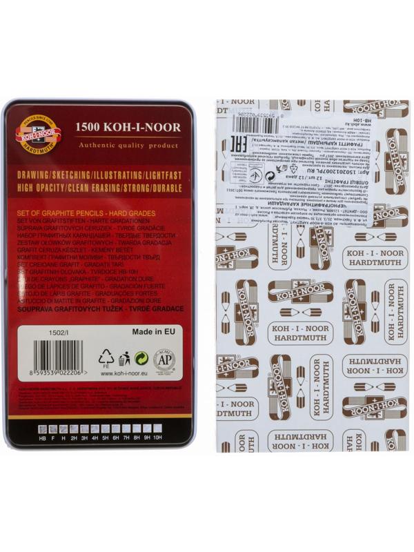 Набор карандашей чернографитных разной твердости 12 штук Koh-I-Noor 1500, HB-10H, в металлическом пенале