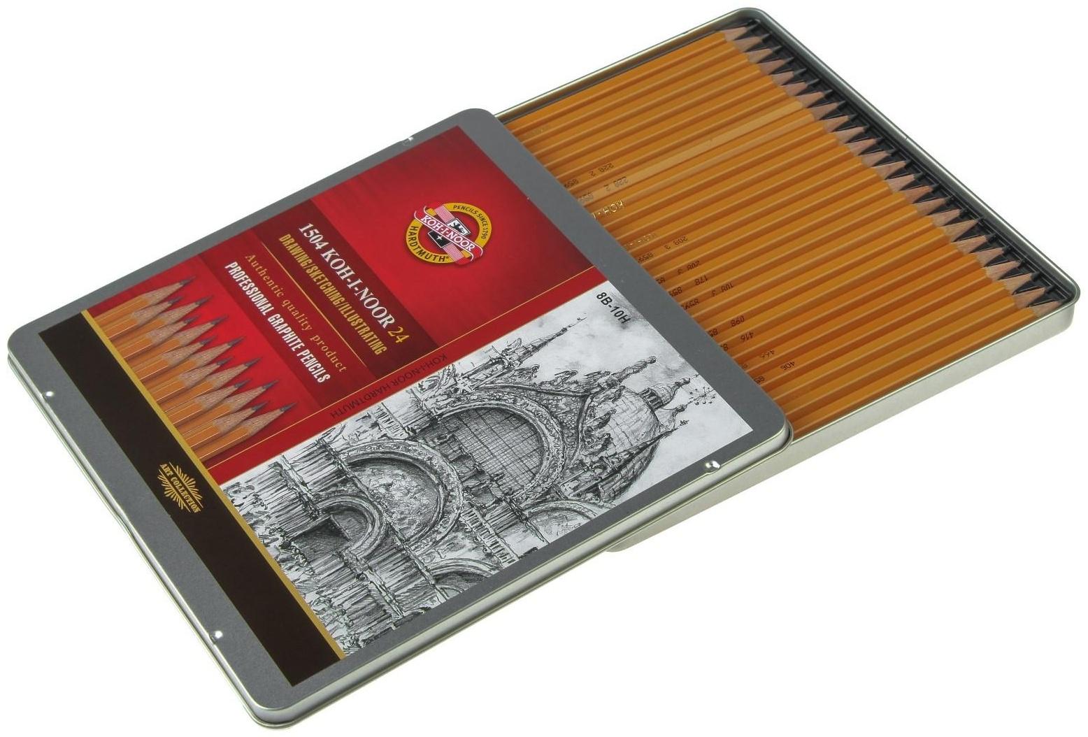 Набор карандашей чернографитных разной твердости 24 штуки Koh-i-Noor 1504 ART, 8В-10Н, в металлическом пенале