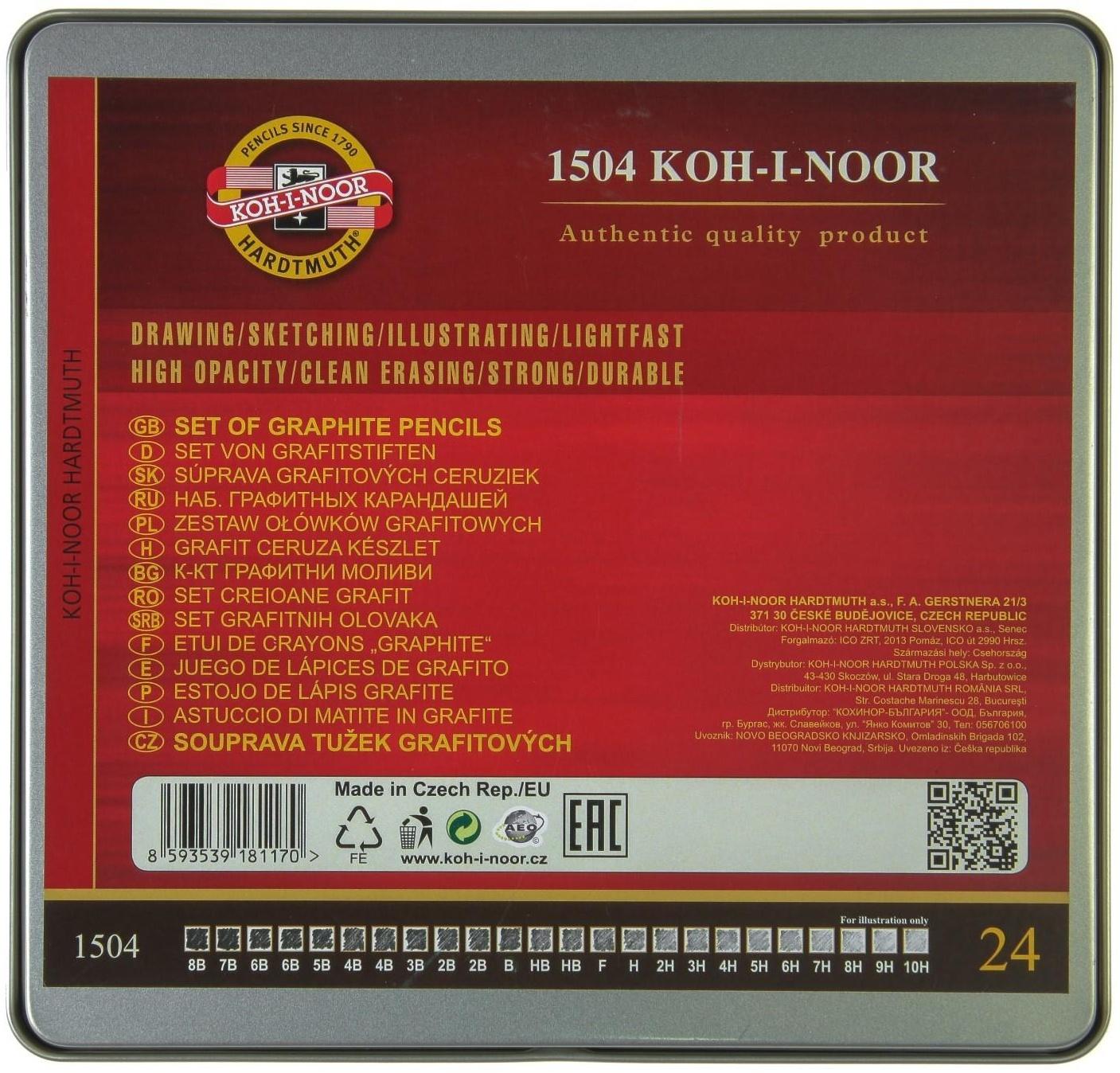 Набор карандашей чернографитных разной твердости 24 штуки Koh-i-Noor 1504 ART, 8В-10Н, в металлическом пенале