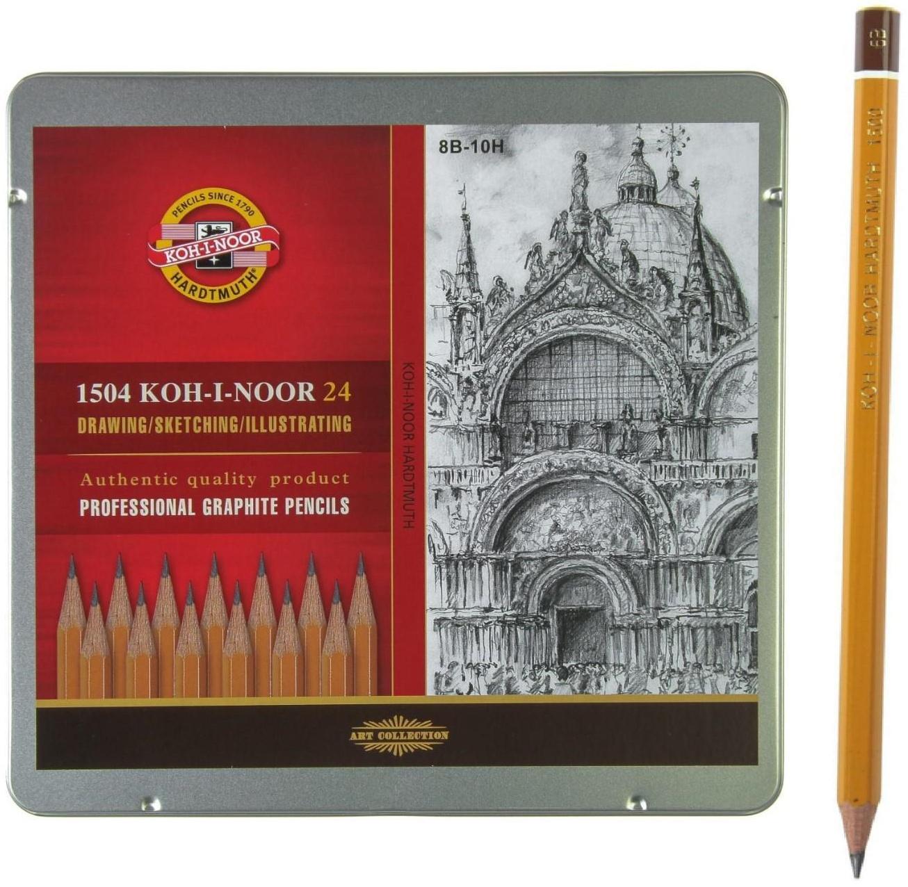 Набор карандашей чернографитных разной твердости 24 штуки Koh-i-Noor 1504 ART, 8В-10Н, в металлическом пенале