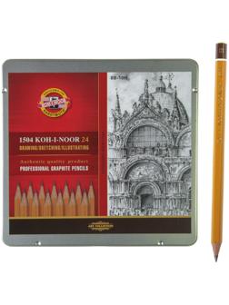 Набор карандашей чернографитных разной твердости 24 штуки Koh-i-Noor 1504 ART, 8В-10Н, в металлическом пенале