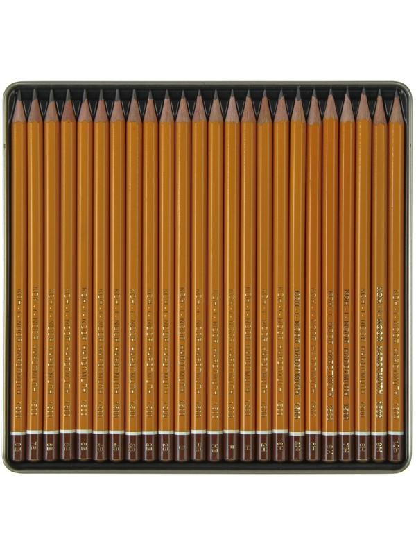 Набор карандашей чернографитных разной твердости 24 штуки Koh-i-Noor 1504 ART, 8В-10Н, в металлическом пенале
