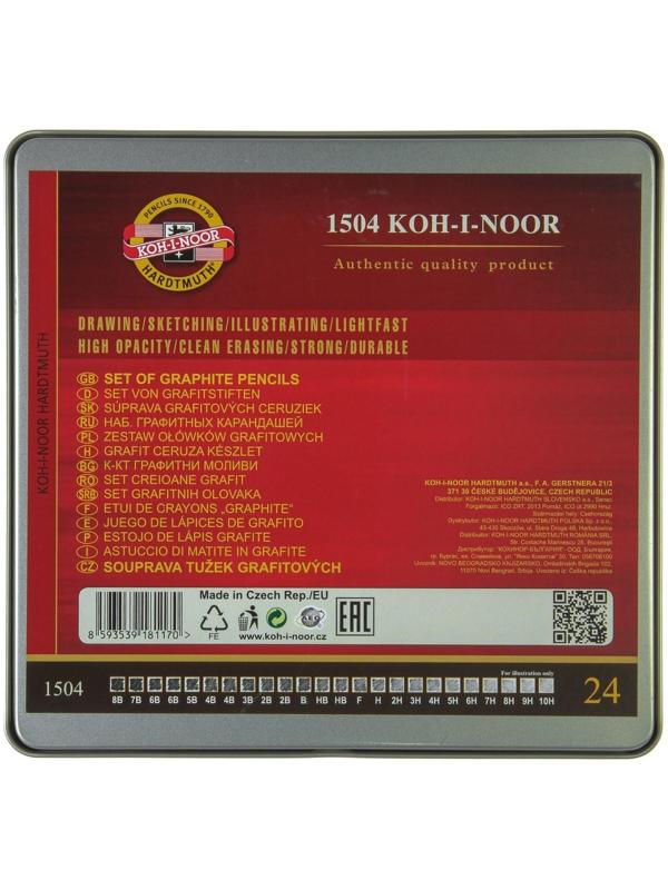 Набор карандашей чернографитных разной твердости 24 штуки Koh-i-Noor 1504 ART, 8В-10Н, в металлическом пенале