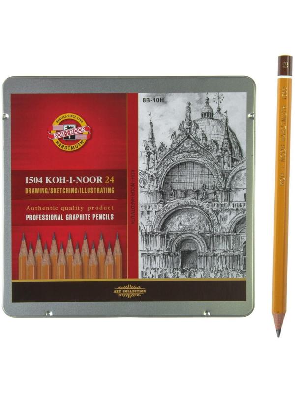 Набор карандашей чернографитных разной твердости 24 штуки Koh-i-Noor 1504 ART, 8В-10Н, в металлическом пенале