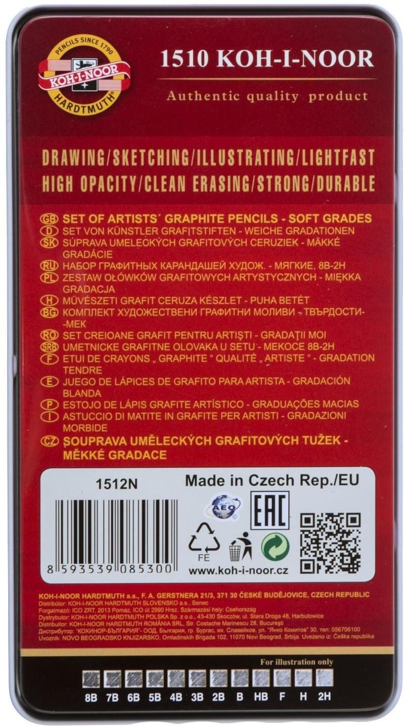 Набор карандашей чернографитных разной твердости 12 штук Koh-I-Noor 1512N ART, 8B-2H, в металлическом пенале