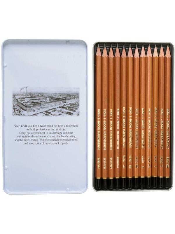 Набор карандашей чернографитных разной твердости 12 штук Koh-I-Noor 1512N ART, 8B-2H, в металлическом пенале