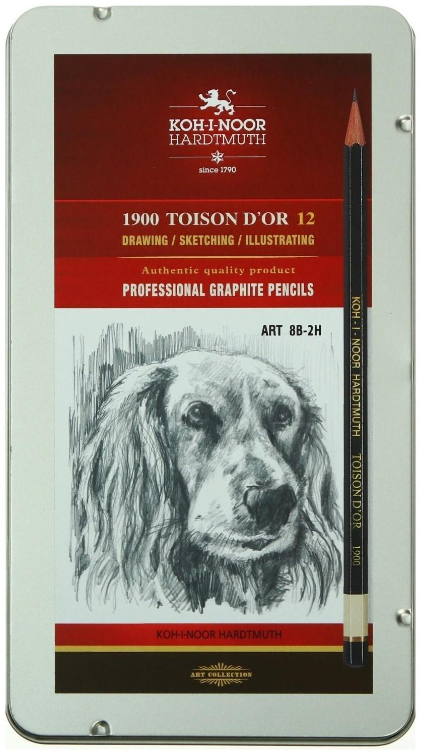 Набор карандашей чернографитных разной твердости 12 штук Koh-i-Noor 1912, 8B-2H, утолщённые, в металлическом пенале