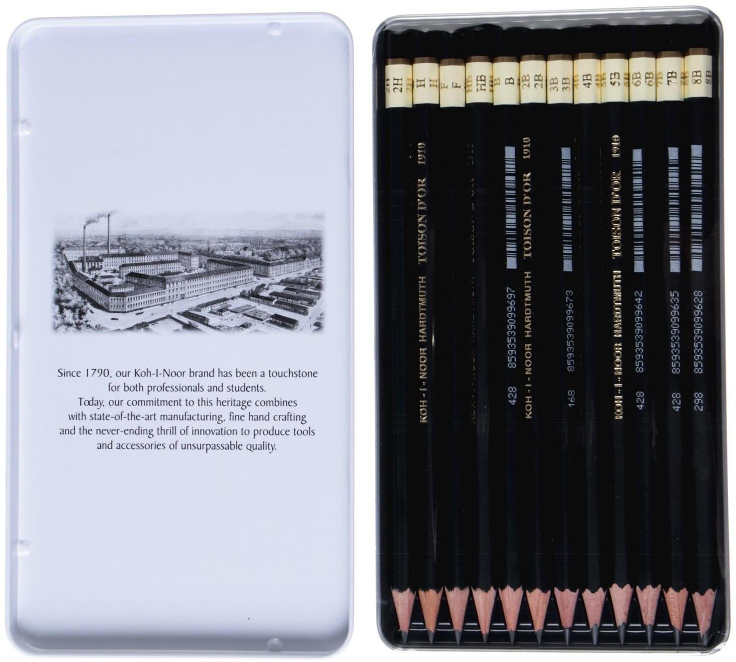 Набор карандашей чернографитных разной твердости 12 штук Koh-i-Noor 1912, 8B-2H, утолщённые, в металлическом пенале
