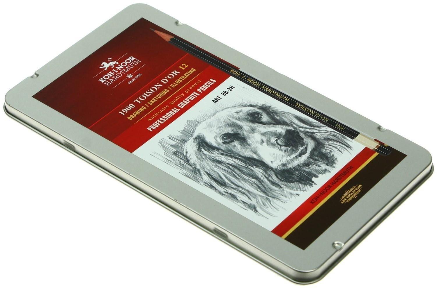 Набор карандашей чернографитных разной твердости 12 штук Koh-i-Noor 1912, 8B-2H, утолщённые, в металлическом пенале