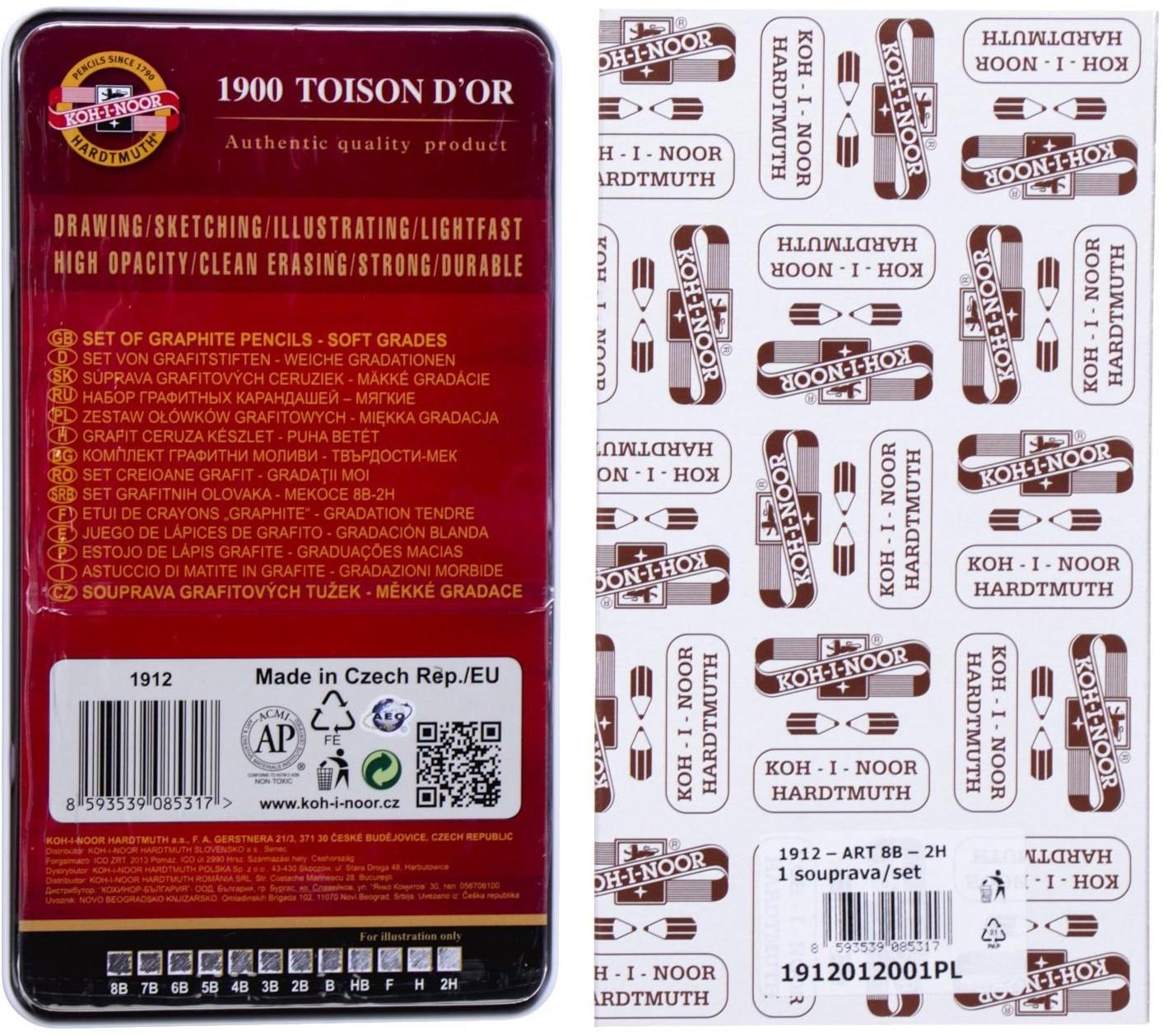 Набор карандашей чернографитных разной твердости 12 штук Koh-i-Noor 1912, 8B-2H, утолщённые, в металлическом пенале