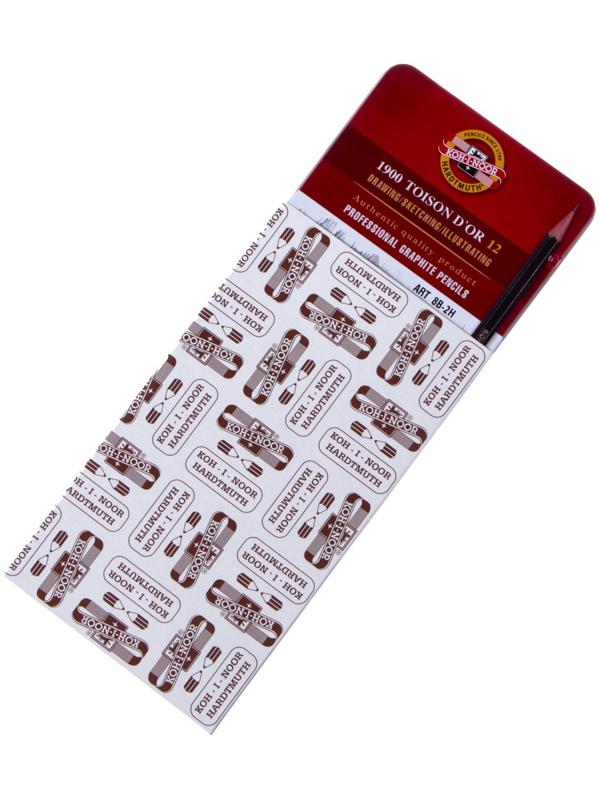 Набор карандашей чернографитных разной твердости 12 штук Koh-i-Noor 1912, 8B-2H, утолщённые, в металлическом пенале