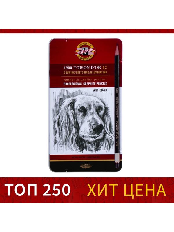 Набор карандашей чернографитных разной твердости 12 штук Koh-i-Noor 1912, 8B-2H, утолщённые, в металлическом пенале