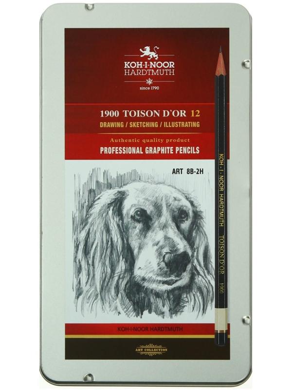 Набор карандашей чернографитных разной твердости 12 штук Koh-i-Noor 1912, 8B-2H, утолщённые, в металлическом пенале