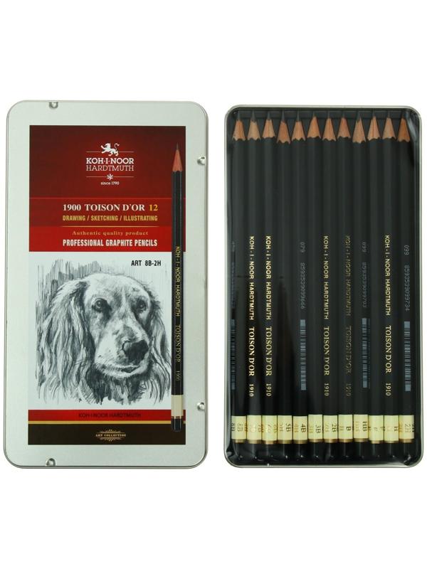 Набор карандашей чернографитных разной твердости 12 штук Koh-i-Noor 1912, 8B-2H, утолщённые, в металлическом пенале