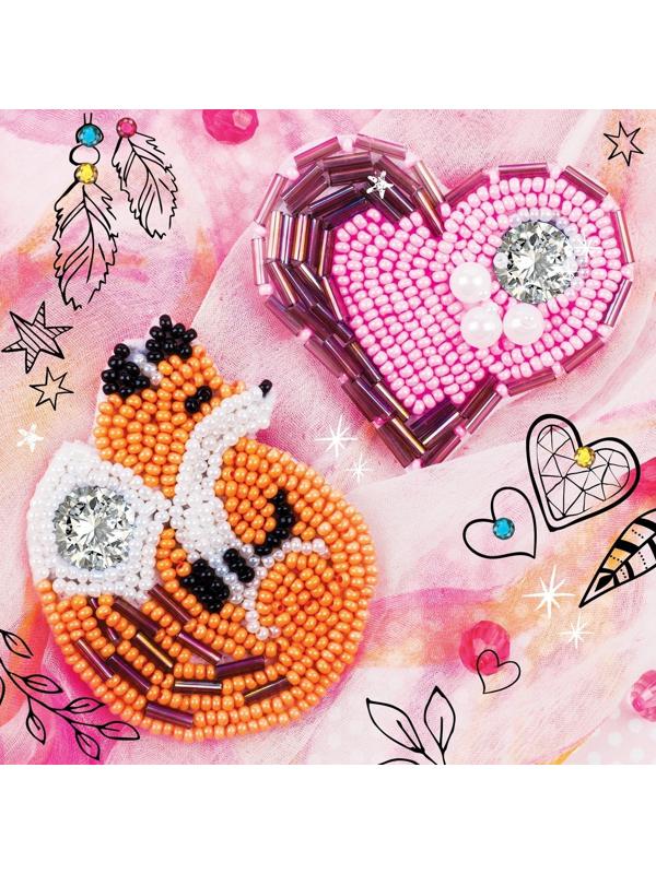 Брошь из фетра, вышивка бисером «Лиса и сердечко», 2 шт.