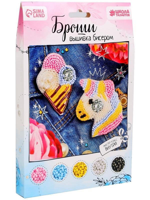 Брошь из фетра, вышивка бисером «Единорог и мороженое», 2 шт.