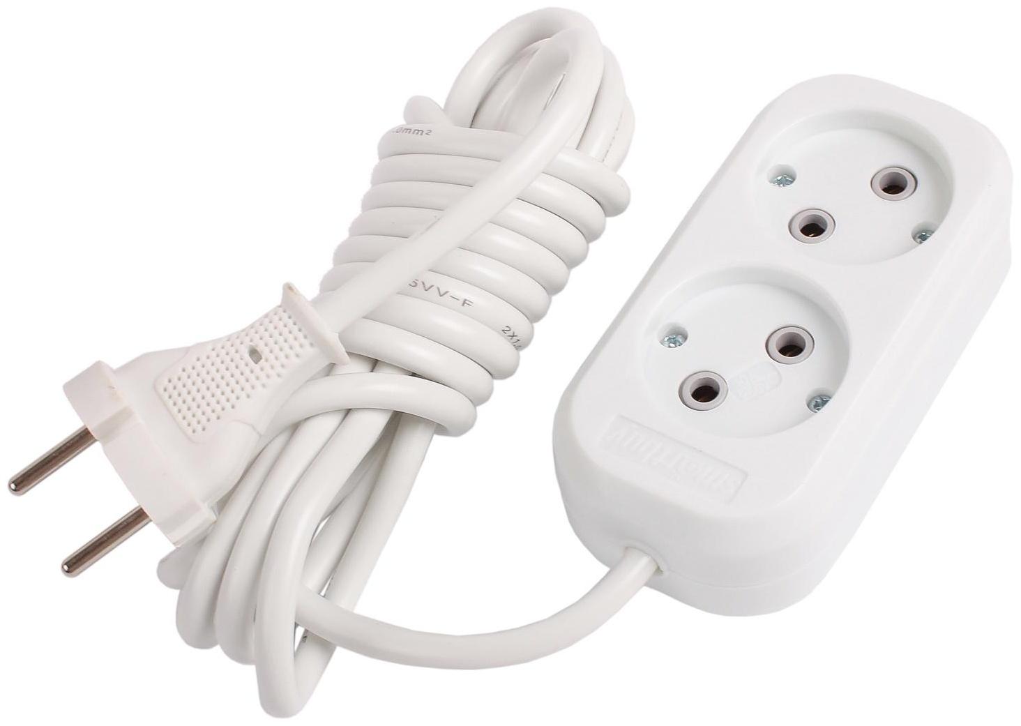 Удлинитель Smartbuy, 2 розетки, 3 м, 10 А, 2200 Вт, ПВС 2х1 мм2, без з/к, белый