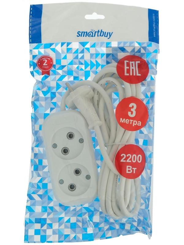 Удлинитель Smartbuy, 2 розетки, 3 м, 10 А, 2200 Вт, ПВС 2х1 мм2, без з/к, белый