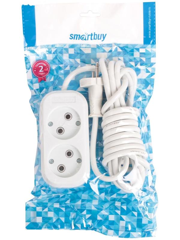 Удлинитель Smartbuy, 2 розетки, 3 м, 10 А, 2200 Вт, ПВС 2х1 мм2, без з/к, белый